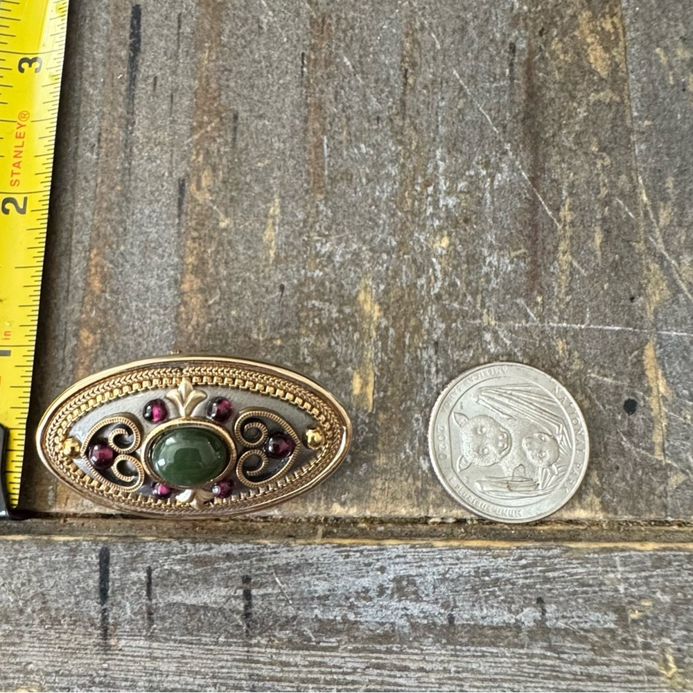 MICHAL GOLAN Silver & Gold Tone Oval Pin Brooch Pendant With Garnet / Jade - Picture 6 of 9